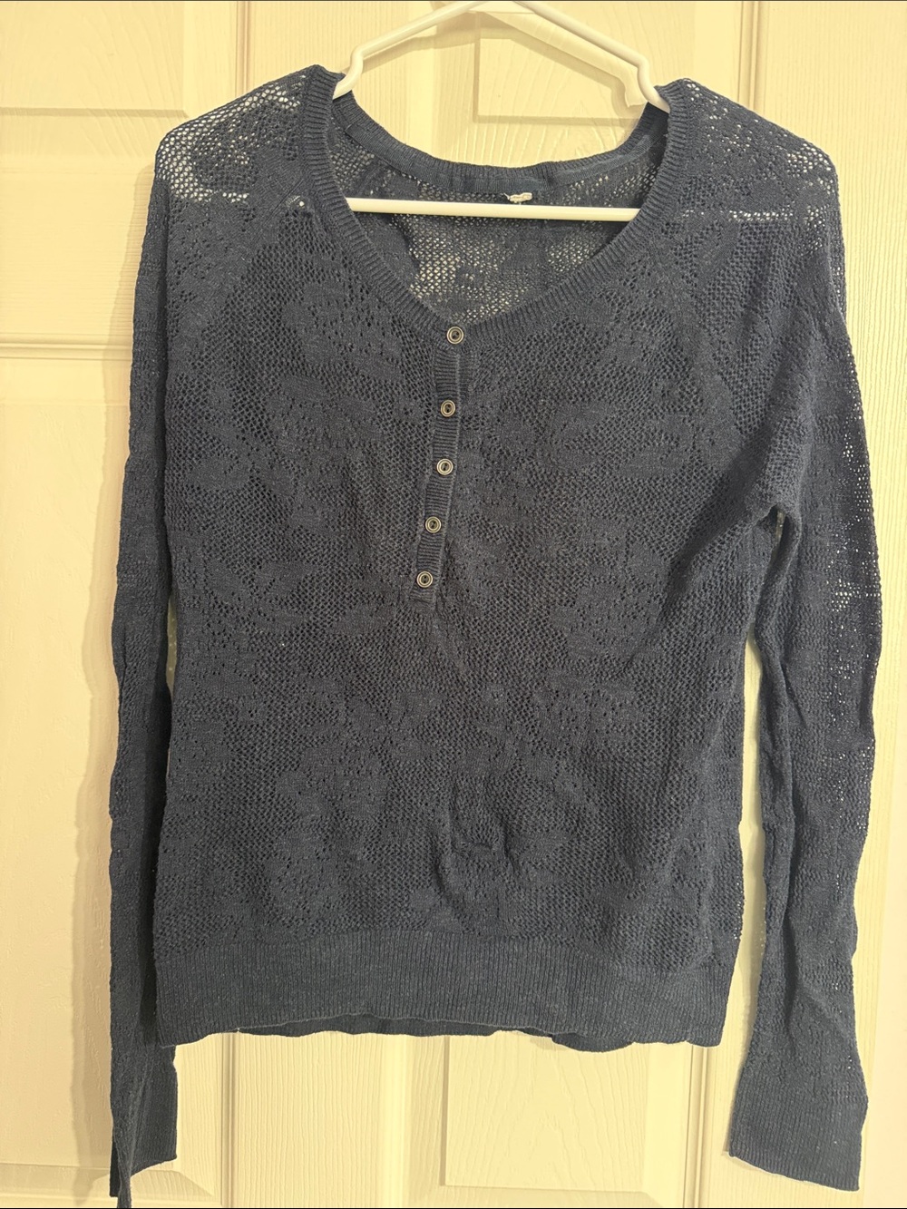 Women's Blue Crochet Henley Top - Lightweight Scoop Neck